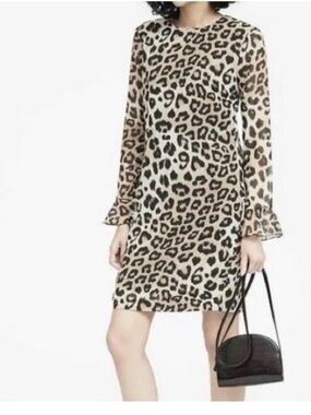 Banana Republic Leopard Print Long bell Sleeve Shift Dress - Beige/Black SZ 12